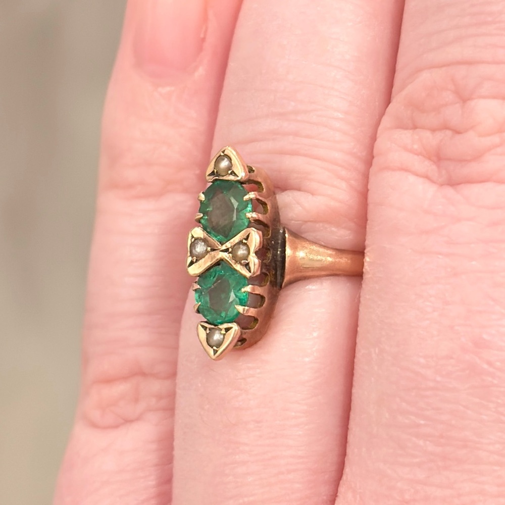 Antique Edwardian 10K Green Ring, Size 5.5, Rose Gold, Navette - Picture 11 of 17